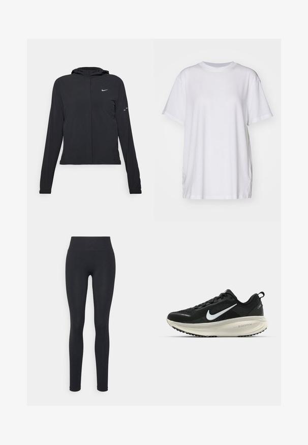 Čierna kapucňová bunda s dlhou rukávou, vyrobená z ľahkého materiálu. Má predný zips, logo Nike a jemné dizajnové akcenty.; Biele oversized tričko vyrobené z bavlny, s okrúhlym výstrihom, krátkymi rukávmi a bočnými rozparkami pre voľný strih. Hladká textúra.; Čierne legíny s vysokým pásom, s hladkou textúrou a priliehavým strihom. Žiadne viditeľné vzory ani hardvérové detaily.; Čierne bežecké topánky Nike s priedušnou sieťovinou, bielym logom s symbolom swoosh, textúrovanými detailmi a krémovou ZoomX medzipodrážkou.