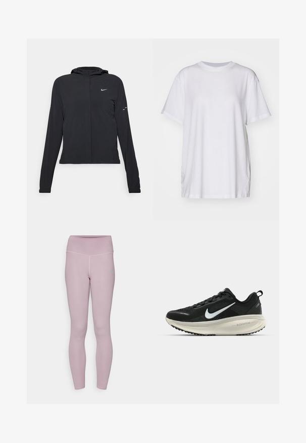 Giacca nera con cappuccio e maniche lunghe, realizzata in materiale leggero. Presenta una zip frontale, il logo Nike e accenti di design sottili.; T-shirt bianco oversize in cotone, con colletto a girocollo, maniche corte e spacchi laterali per una vestibilità rilassata. Texture liscia.; Leggings sportivi di colore lilla chiaro con vita alta, texture liscia e cuciture in contrasto. Presentano un piccolo logo sulla coscia.; Scarpa da corsa nera Nike con tomaia in rete traspirante, logo Swoosh bianco, dettagli testurizzati e intersuola ZoomX di colore crema.