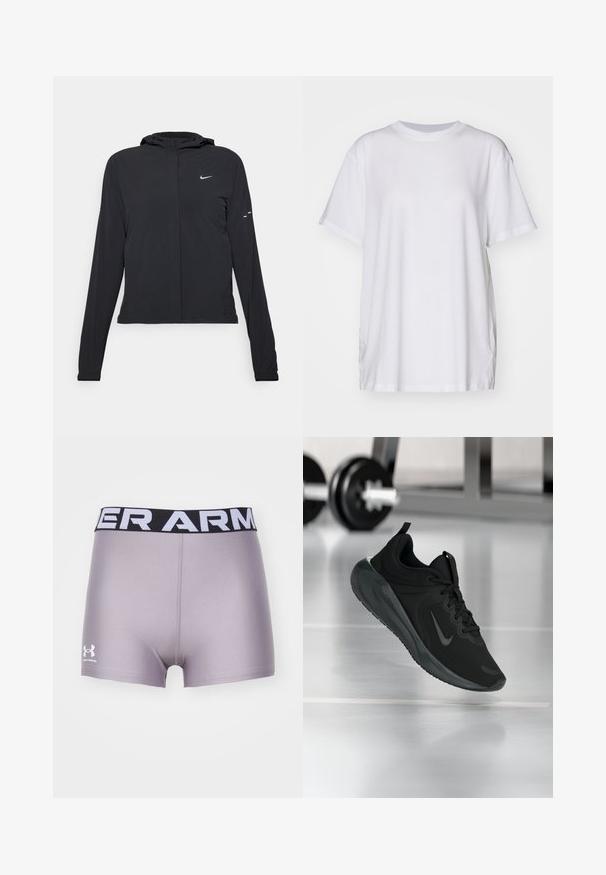 Melnā kapuci jaka ar garām piedurknēm, izgatavota no viegla materiāla. Tam ir priekšējais rāvējslēdzis, Nike logo un smalki dizaina akcenti.; Balts oversize T-krekls izgatavots no kokvilnas, ar apaļu kakla izgriezumu, īsām piedurknēm un sānu šķelumiem, lai nodrošinātu brīvu piegriezumu. Gluda tekstūra.; Saknes pelēkas sporta šorti ar melno un baltu "UNDER ARMOUR" jostu. Izgatavoti no gludas auduma, ar īsu griezumu un logo uz sāna.; Melnas sporta kedas ar Nike logo, rādot gaisā uz sporta zāles grīdas, ar izplūdušu hantelēm fona.