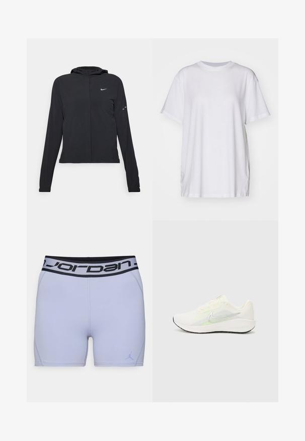 Sort hættetrøje med lange ærmer, lavet af letvægtsmateriale. Har en frontlynlås, et Nike-logo og subtile designaccenter.; Hvid oversized t-shirt lavet af bomuld, med rund halsudskæring, korte ærmer og sideslids for en afslappet pasform. Glat tekstur.; Lys lilla atletiske shorts med en sort Jordan-logo i taljen. Lavet af glat, strækbart materiale, med forstærkede syninger langs sømmene.; Nike Performance DOWNSHIFTER 13 - Løbesko til landevejen - sail/silver-coloured photon dust/summit white/barely volt/black