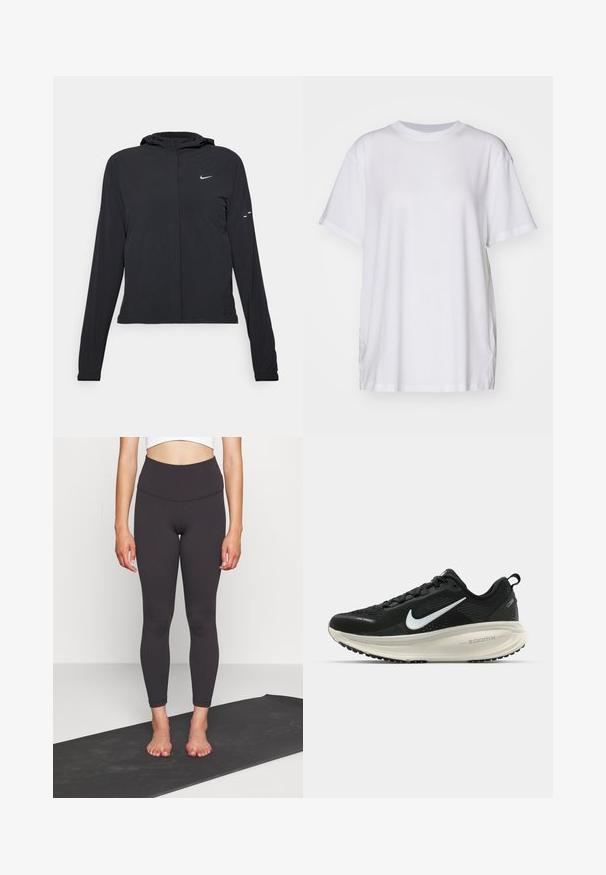 Čierna kapucňová bunda s dlhou rukávou, vyrobená z ľahkého materiálu. Má predný zips, logo Nike a jemné dizajnové akcenty.; Biele oversized tričko vyrobené z bavlny, s okrúhlym výstrihom, krátkymi rukávmi a bočnými rozparkami pre voľný strih. Hladká textúra.; Čierne legíny s vysokým pásom vyrobené z hladkej, elastickej látky s priliehavým strihom, končiacim pri členku. Skombinujte ich s krátkym topom na jogovom koberčeku.; Čierne bežecké topánky Nike s priedušnou sieťovinou, bielym logom s symbolom swoosh, textúrovanými detailmi a krémovou ZoomX medzipodrážkou.
