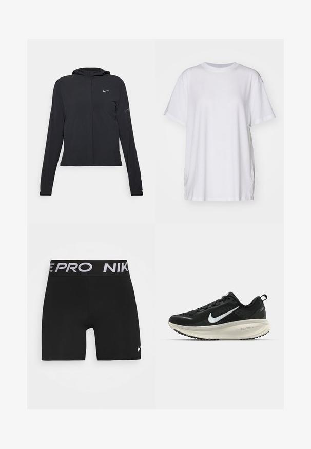 Čierna kapucňová bunda s dlhou rukávou, vyrobená z ľahkého materiálu. Má predný zips, logo Nike a jemné dizajnové akcenty.; Biele oversized tričko vyrobené z bavlny, s okrúhlym výstrihom, krátkymi rukávmi a bočnými rozparkami pre voľný strih. Hladká textúra.; Čierne športové šortky s širokým čiernym pásom, na ktorom je biele písanie "NIKE PRO". Obsahuje malé biele logo Nike Swoosh na nohe.; Čierne bežecké topánky Nike s priedušnou sieťovinou, bielym logom s symbolom swoosh, textúrovanými detailmi a krémovou ZoomX medzipodrážkou.