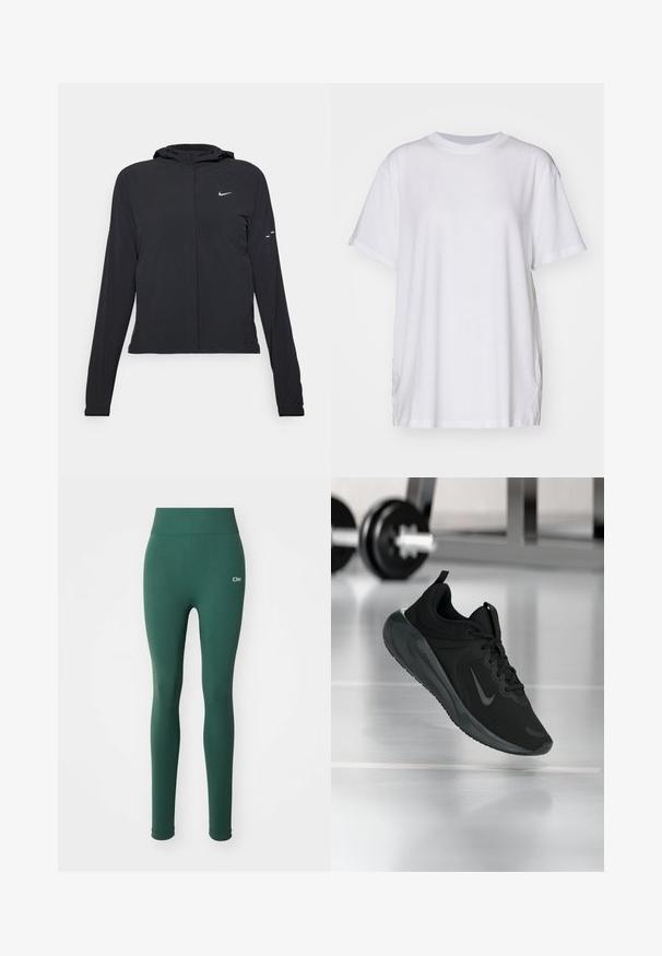 Schwarze Kapuzenjacke mit langen Ärmeln, aus leichtem Material gefertigt. Sie hat einen vorderen Reißverschluss, ein Nike-Logo und dezente Designelemente.; Weißes, übergroßes T-Shirt aus Baumwolle mit Rundhalsausschnitt, kurzen Ärmeln und seitlichen Schlitzen für eine entspannte Passform. Glatte Textur.; Grüne Leggings mit einer glatten Textur, hohem Taillenbund und dezentem Logodetail auf der Vorderseite. Enganliegendes Design und volle Länge.; Schwarzer Sportsneaker mit Nike-Logo, mid-air über dem Boden des Fitnessstudios, mit unscharfem Hantelregal im Hintergrund.