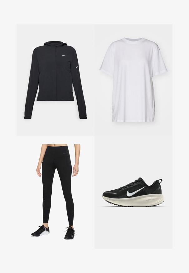 Čierna kapucňová bunda s dlhou rukávou, vyrobená z ľahkého materiálu. Má predný zips, logo Nike a jemné dizajnové akcenty.; Biele oversized tričko vyrobené z bavlny, s okrúhlym výstrihom, krátkymi rukávmi a bočnými rozparkami pre voľný strih. Hladká textúra.; Čierne športové legíny s vysokým pásom, vyrobené z elastického materiálu. Obsahujú bočné vrecká a decentné logo Nike na páse.; Čierne bežecké topánky Nike s priedušnou sieťovinou, bielym logom s symbolom swoosh, textúrovanými detailmi a krémovou ZoomX medzipodrážkou.