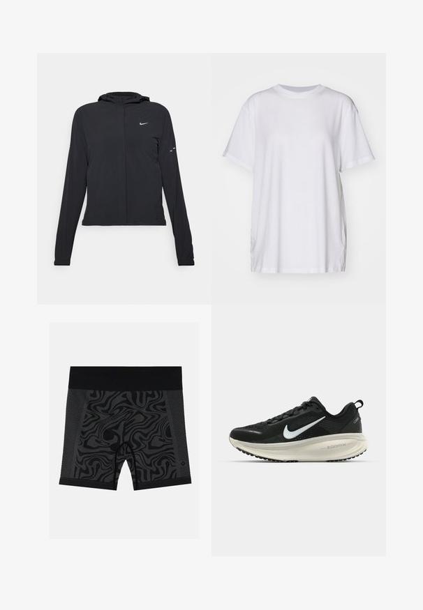 Czarna kurtka z kapturem, z długimi rękawami, wykonana z lekkiego materiału. Posiada zamek błyskawiczny z przodu, logo Nike oraz subtelne akcenty wzornicze.; Biały, oversize'owy T-shirt wykonany z bawełny, z okrągłym dekoltem, krótkimi rękawami i bocznymi rozcięciami, zapewniający luźny krój. Gładka faktura.; Czarne spodenki sportowe z falistym wzorem, z siateczkowymi akcentami po bokach oraz jednolitą czarną gumką w talii. Gładki, elastyczny materiał.; Czarna biegowa półbut z oddychającej siateczki, białym logo swoosh, teksturowanymi detalami oraz kremową podeszwą środkową ZoomX.
