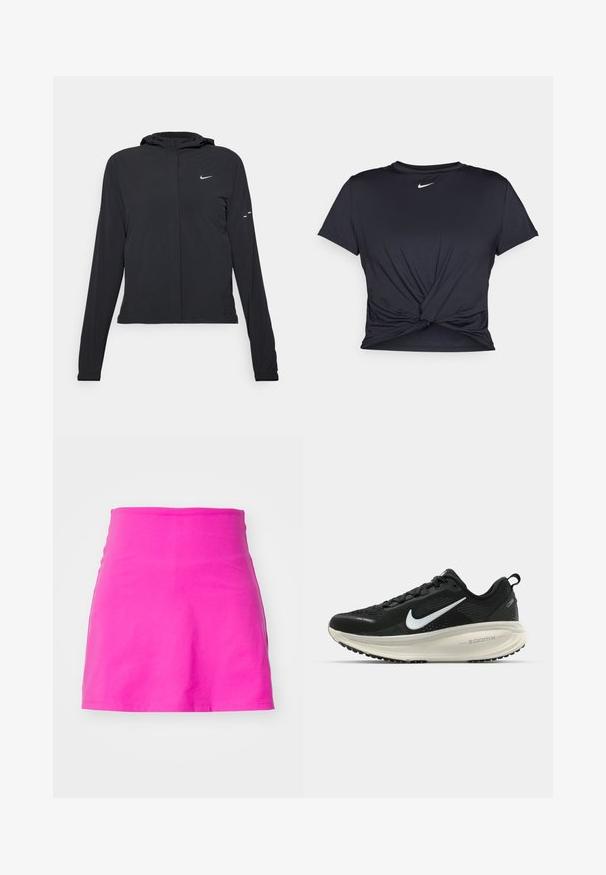 Fekete kapucnis dzseki hosszú ujjakkal, könnyű anyagból készült. Elülső cipzárral, Nike logóval és diszkrét dizájn elemekkel rendelkezik.; Fekete sportpóló sima anyagból, elöl megkötős dizájnnal, a mellkason egy kis fehér Nike logóval.; Girlfriend Collective THE SKORT - Sportszoknya - ultraviolet; Fekete Nike futócipő légáteresztő hálós felsőrésszel, fehér Swoosh logóval, textúrázott részletekkel és krém színű ZoomX középtalppal.