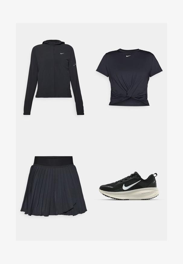 Veste à capuche noire avec des manches longues, fabriquée en matériau léger. Elle comporte une fermeture éclair à l'avant, un logo Nike et des accents de design subtils.; T-shirt de sport noir en tissu lisse, avec un design avant noué et un petit logo Nike blanc sur la poitrine.; Jupe plissée noire avec une large ceinture élastique, fabriquée dans un tissu lisse avec un léger éclat, longueur genoux avec un design superposé.; Baskets de course noir Nike avec tige respirante en mesh, logo swoosh blanc, détails texturés et semelle intermédiaire ZoomX de couleur crème.