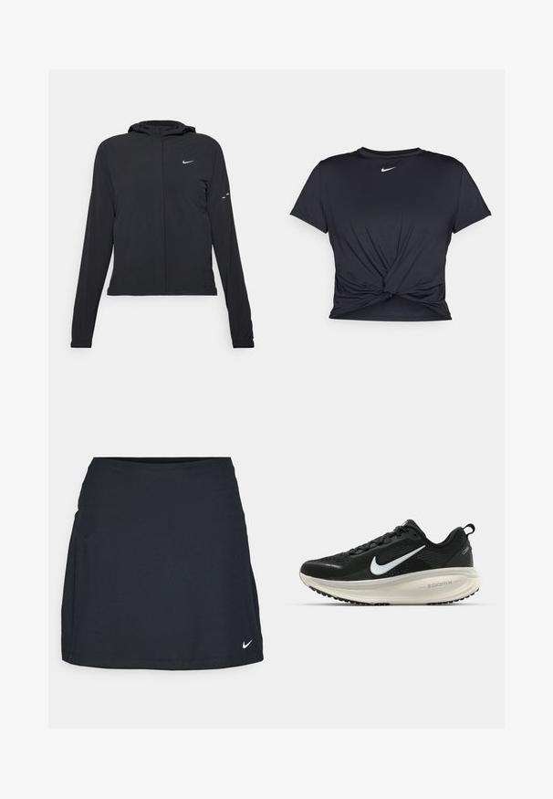 Casaco preto com capuz e mangas longas, feito de material leve. Apresenta um fecho dourado na frente, um logótipo da Nike e detalhes de design subtis.; T-shirt atlético preto feito de tecido liso, apresentando um design frontal com nó e um pequeno logótipo branco da Nike no peito.; Saia atlética preta com tecido texturizado, cintura ajustada e um pequeno logótipo branco na frente. Design simples e funcional.; Sapatilha de corrida Nike preta com parte superior de malha respirável, logotipo Swoosh branco, detalhes texturizados e uma entressola ZoomX na cor creme.