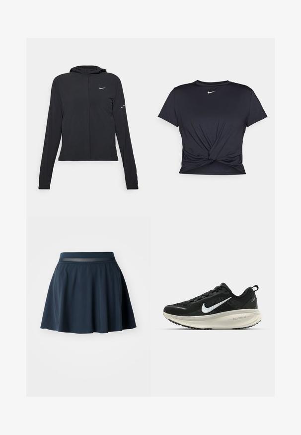 Fekete kapucnis dzseki hosszú ujjakkal, könnyű anyagból készült. Elülső cipzárral, Nike logóval és diszkrét dizájn elemekkel rendelkezik.; Fekete sportpóló sima anyagból, elöl megkötős dizájnnal, a mellkason egy kis fehér Nike logóval.; A sötétkék korcsolyaszoknya puha anyagból készült, hálós derékrésszel, bővülő fazonnal és sima textúrával, amely a térd felett végződik.; Fekete Nike futócipő légáteresztő hálós felsőrésszel, fehér Swoosh logóval, textúrázott részletekkel és krém színű ZoomX középtalppal.