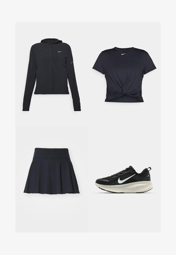 Fekete kapucnis dzseki hosszú ujjakkal, könnyű anyagból készült. Elülső cipzárral, Nike logóval és diszkrét dizájn elemekkel rendelkezik.; Fekete sportpóló sima anyagból, elöl megkötős dizájnnal, a mellkason egy kis fehér Nike logóval.; Fekete, bővülő szoknya rugalmas anyagból, gumis derékkal és varrási részletekkel. Simaság jellemzi, és lágy redők díszítik.; Fekete Nike futócipő légáteresztő hálós felsőrésszel, fehér Swoosh logóval, textúrázott részletekkel és krém színű ZoomX középtalppal.