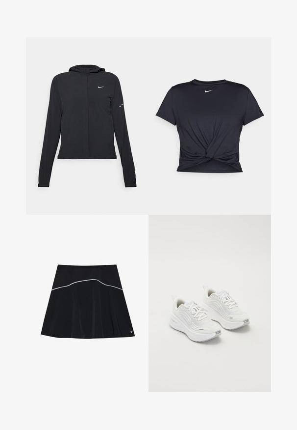 Juodas gobtuvas striukė su ilgomis rankovėmis, pagaminta iš lengvo audinio. Pasižymi priekiniais užtrauktukais, Nike logotipu ir subtiliais dizaino akcentais.; Juodas sportinis marškinėlis, pagamintas iš lygios medžiagos, su surišta priekiu ir mažu baltu Nike logotipu ant krūtinės.; Juoda sijonas su išgaubtu dizainu, puošiamas baltomis kreivomis akcentų linijomis. Pagamintas iš lygaus, lengvo medžiagos. Logotipo detalė ties apačia.; Baltieji sportiniai batai su tekstūruota tinklelio viršutine dalimi, paminkštintu padu ir subtiliais pilkais akcentais. Yra prekės ženklas ir kilpa kulne, skirta lengvam užsidėjimui.