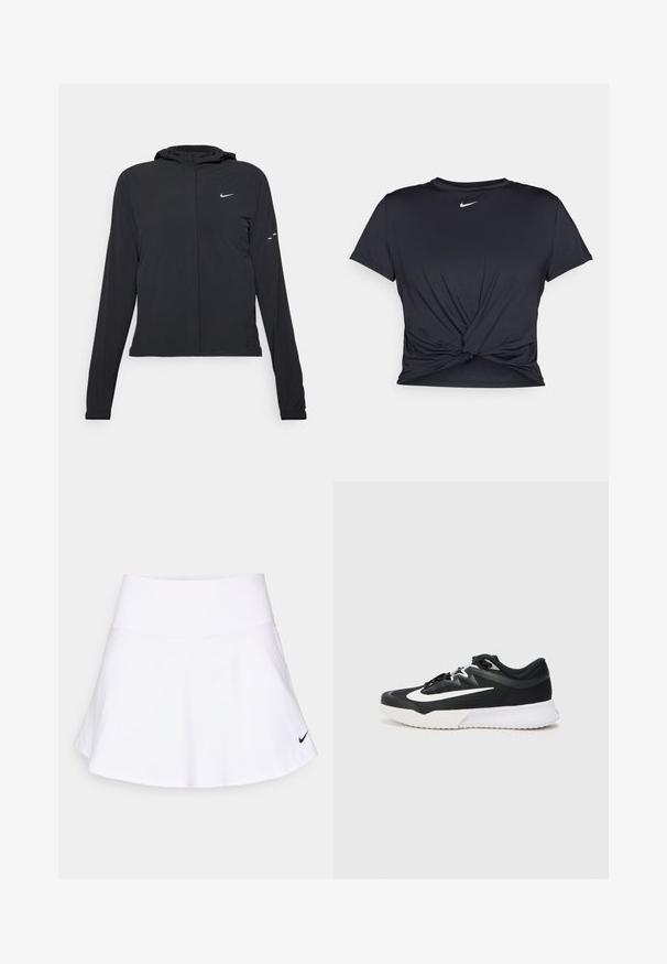 Mustassa hupparissa on pitkät hihat, ja se on valmistettu kevyestä materiaalista. Siinä on edessä vetoketju, Nike-logo ja hillityt muotoiluyksityiskohdat.; Musta urheilu T-paita, joka on valmistettu sileästä kankaasta, jossa on solmittu etuosa ja pieni valkoinen Nike-logo rinnassa.; Valkoinen urheiluhame, joka on valmistettu kevyestä kankaasta, ja siinä on levenevä muotoilu sekä musta Nike-logo oikeassa alareunassa. Pinta on sileä.; Musta urheilujalkine, jossa on valkoisia yksityiskohtia, kuvioitu päällinen, pyöreä kärki, litteät nauhat ja paksu valkoinen kumipohja.