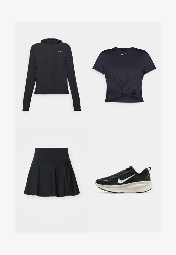 Casaco preto com capuz e mangas longas, feito de material leve. Apresenta um fecho dourado na frente, um logótipo da Nike e detalhes de design subtis.; T-shirt atlético preto feito de tecido liso, apresentando um design frontal com nó e um pequeno logótipo branco da Nike no peito.; Stronger ESSENTIAL SKORT - Saia desportiva - black; Sapatilha de corrida Nike preta com parte superior de malha respirável, logotipo Swoosh branco, detalhes texturizados e uma entressola ZoomX na cor creme.