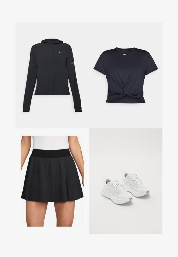 Must musta kapuutsiga jakk, millel on pikad varrukad ja mis on valmistatud kergetest materjalidest. Omab esitaskut, Nike logo ja kergelt silmatorkavaid disainiaktsente.; Mustmust musta sportlik T-särk, mis on valmistatud sujuvast kangast, millel on sõlmega esikülg ja väike valge Nike logo rinnal.; Mustlane volditud seelik laia elastse vöökohaga. Valmistatud siledast kangast, sisaldab see vertikaalseid volte ja väike logo ääres.; Valged spordijalatsid, millel on tekstureeritud võrkkangas üst, pehme tallaga ja peened hallid aktsendid. Kaasas bränding ja aasaga kannaaken mugavaks selga panemiseks.