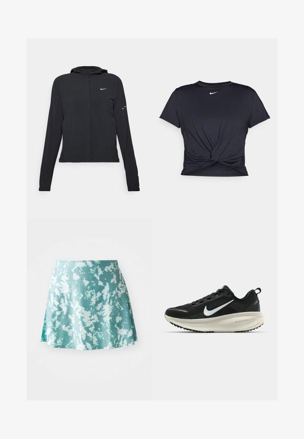 Black hooded jacket with long sleeves, made from lightweight material. Features a front zipper, a Nike logo, and subtle design accents.; Black athletic t-shirt made of smooth fabric, featuring a knotted front design and a small white Nike logo on the chest.; A mint green skater skirt with a splatter pattern in white, made from lightweight fabric. Features a slightly flared shape and side slit.; Black Nike running shoe with breathable mesh upper, white swoosh logo, textured detailing, and a cream-colored ZoomX midsole.