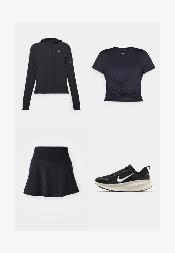 Casaco preto com capuz e mangas longas, feito de material leve. Apresenta um fecho dourado na frente, um logótipo da Nike e detalhes de design subtis.; T-shirt atlético preto feito de tecido liso, apresentando um design frontal com nó e um pequeno logótipo branco da Nike no peito.; Skort atlético preto com uma cintura suave, bainha rodada e um discreto logótipo da Nike na parte inferior direita. Feito de um tecido leve e elástico.; Sapatilha de corrida Nike preta com parte superior de malha respirável, logotipo Swoosh branco, detalhes texturizados e uma entressola ZoomX na cor creme.