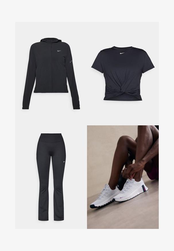 Giacca nera con cappuccio e maniche lunghe, realizzata in materiale leggero. Presenta una zip frontale, il logo Nike e accenti di design sottili.; Maglietta atletica nera realizzata in tessuto liscio, con un design anteriore annodato e un piccolo logo Nike bianco sul petto.; Leggings atletici neri con una vita alta, realizzati in tessuto liscio ed elastico. Presentano un piccolo logo Nike bianco sulla coscia sinistra.; Scarpe da ginnastica bianche con superfici testurizzate, dettagli rosa e suole nere. Presentano un design con lacci e una soletta imbottita per il massimo comfort.