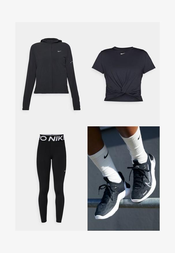 Veste à capuche noire avec des manches longues, fabriquée en matériau léger. Elle comporte une fermeture éclair à l'avant, un logo Nike et des accents de design subtils.; T-shirt de sport noir en tissu lisse, avec un design avant noué et un petit logo Nike blanc sur la poitrine.; Leggings noirs avec une large ceinture élastique arborant "PRO NIKE" en lettres blanches, fabriqués à partir d'un matériau lisse et extensible, avec un petit détail de logo.; Chaussures de sport noires avec une tige en maille texturée, semelle intermédiaire blanche et lacets noirs. Portées avec des chaussettes blanches à côtes présentant un logo.