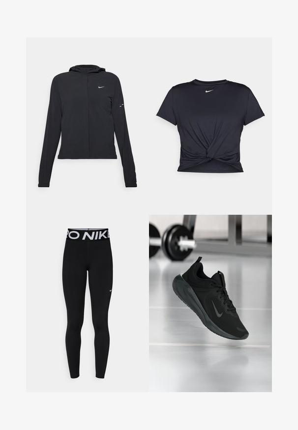 Zwarte kaptrui met lange mouwen, gemaakt van lichtgewicht materiaal. Voorzien van een ritssluiting aan de voorkant, een Nike-logo en subtiele ontwerpelementen.; Zwarte sportieve T-shirt van gladde stof, met een geknoopt ontwerp aan de voorkant en een klein wit Nike-logo op de borst.; Zwarte leggings met een brede elastische tailleband met "PRO NIKE" in witte letters, gemaakt van een soepele, rekbare stof, met een klein logo detail.; Zwarte sportsneaker met Nike-logo, weergegeven in de lucht boven de gymvloer, met een vervaagde halterrek op de achtergrond.
