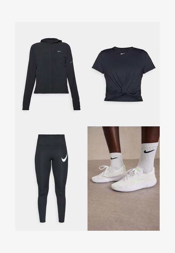 Czarna kurtka z kapturem, z długimi rękawami, wykonana z lekkiego materiału. Posiada zamek błyskawiczny z przodu, logo Nike oraz subtelne akcenty wzornicze.; Czarna sportowa koszulka z gładkiego materiału, z wiązanym przodem i małym białym logo Nike na piersi.; Czarne sportowe legginsy o wysokim stanie z białym logo Nike w kształcie suwka na górnej lewej udzie, na białym tle.; Białe sneakersy Nike z teksturowaną siateczką i neonowymi zielonymi akcentami, w połączeniu z białymi skarpetkami prążkowanymi z czarnym logo.