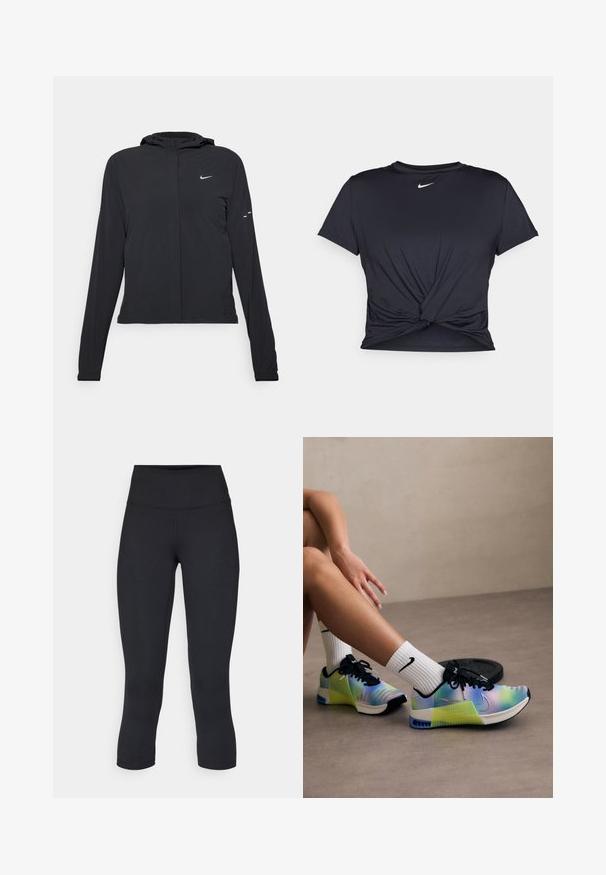 Black hooded jacket with long sleeves, made from lightweight material. Features a front zipper, a Nike logo, and subtle design accents.; Black athletic t-shirt made of smooth fabric, featuring a knotted front design and a small white Nike logo on the chest.; Black cropped leggings made of stretchy fabric, featuring a high waistband and smooth texture, with no visible patterns or hardware.; Multicolored athletic shoes with a gradient design transitioning from blue to green, featuring black laces and a prominent Nike swoosh.
