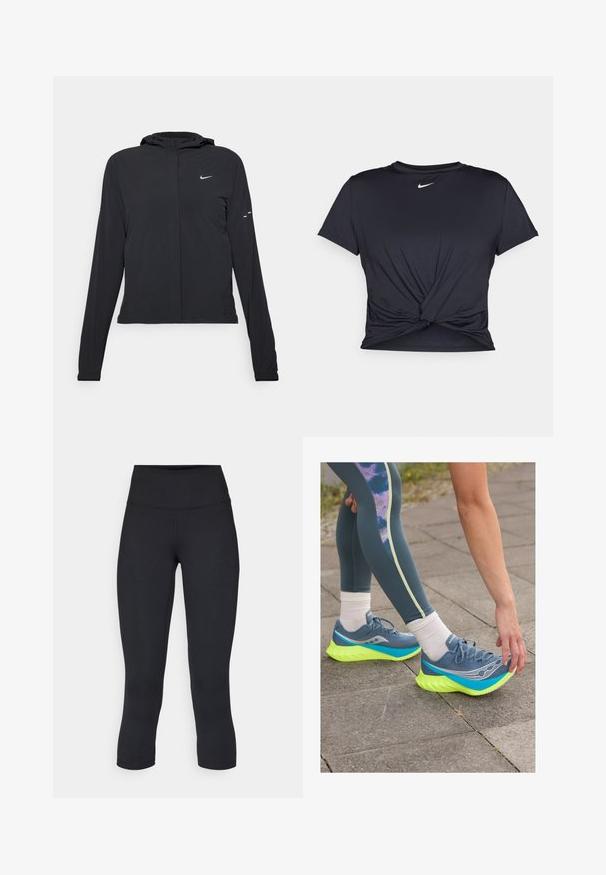 Črna kapuča s dolgimi rokavi, izdelana iz lahkega materiala. Ima sprednji zadrgo, logotip Nike in subtilne oblikovne detajle.; Črna atletska majica iz gladkega materiala, z vozlanim sprednjim delom in majhnim belim logotipom Nike na prsih.; Črne skrajšane legice iz raztegljive tkanine, z visokim pasom in gladko teksturo, brez vidnih vzorcev ali kovinskih delov.; Saucony ENDORPHIN PRO 4 - Tekaški copati za cesto - mirage/citron