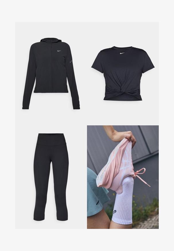 Must musta kapuutsiga jakk, millel on pikad varrukad ja mis on valmistatud kergetest materjalidest. Omab esitaskut, Nike logo ja kergelt silmatorkavaid disainiaktsente.; Mustmust musta sportlik T-särk, mis on valmistatud sujuvast kangast, millel on sõlmega esikülg ja väike valge Nike logo rinnal.; Mustad mustad õhukesed leggingud, mis on valmistatud venivast kangast, kõrge vöökoha ja siledaga, ilma nähtavate mustrite või metalldetailideta.; Heled roosa sportking, millel on hingav võrk ja tugevad kattekihtide detailid, kõrge tallaga ning valgete aktsentidega, koos valge soonikuga sokiga, millel on logo.