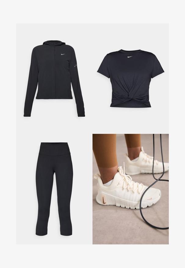 Črna kapuča s dolgimi rokavi, izdelana iz lahkega materiala. Ima sprednji zadrgo, logotip Nike in subtilne oblikovne detajle.; Črna atletska majica iz gladkega materiala, z vozlanim sprednjim delom in majhnim belim logotipom Nike na prsih.; Črne skrajšane legice iz raztegljive tkanine, z visokim pasom in gladko teksturo, brez vidnih vzorcev ali kovinskih delov.; Nike Performance FREE METCON 6 - Trening copati - pale ivory/metallic red bronze/guava ice/sail/phantom/light orewood brown