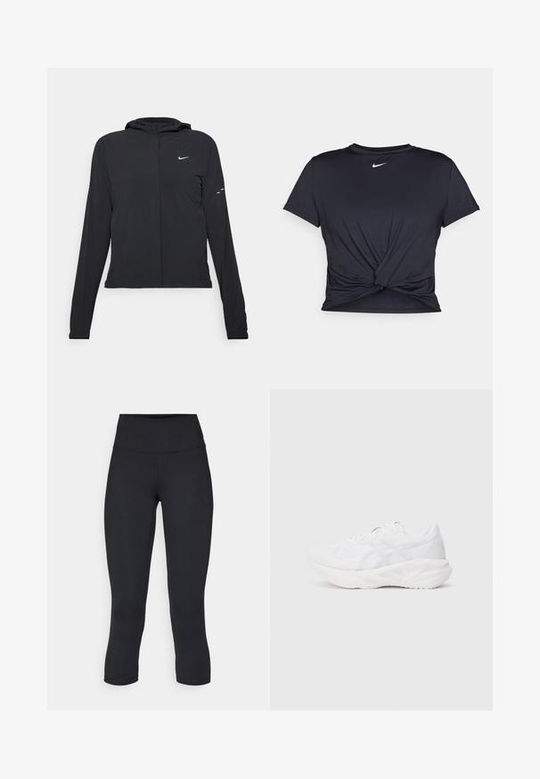 Black hooded jacket with long sleeves, made from lightweight material. Features a front zipper, a Nike logo, and subtle design accents.; Black athletic t-shirt made of smooth fabric, featuring a knotted front design and a small white Nike logo on the chest.; Black cropped leggings made of stretchy fabric, featuring a high waistband and smooth texture, with no visible patterns or hardware.; White athletic shoe with a breathable mesh upper and cushioned sole, featuring a textured pattern and minimalistic design accents.