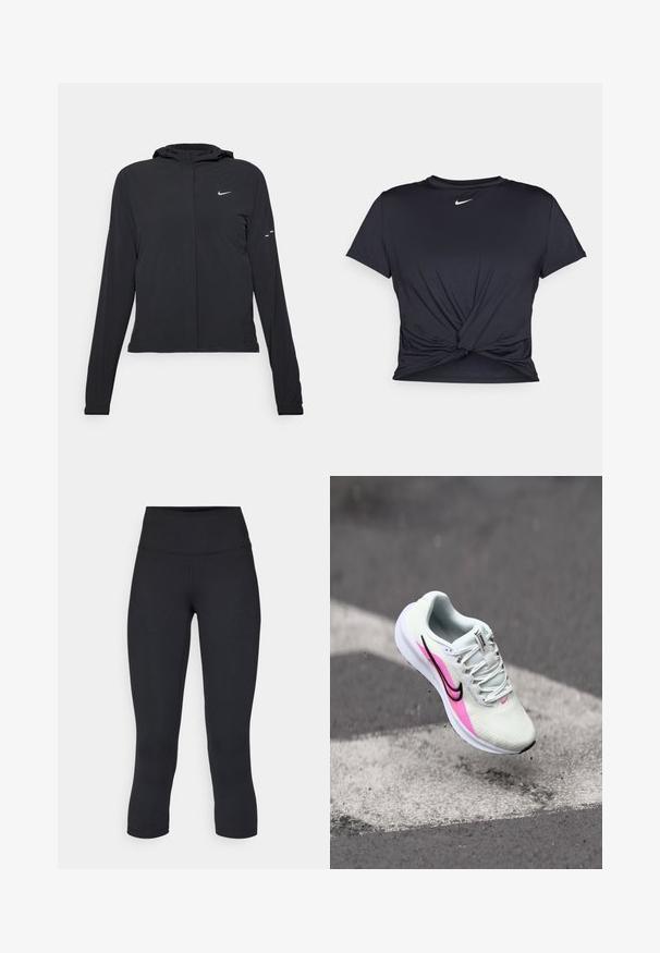 Zwarte kaptrui met lange mouwen, gemaakt van lichtgewicht materiaal. Voorzien van een ritssluiting aan de voorkant, een Nike-logo en subtiele ontwerpelementen.; Zwarte sportieve T-shirt van gladde stof, met een geknoopt ontwerp aan de voorkant en een klein wit Nike-logo op de borst.; Zwarte cropped leggings van rekbaar materiaal, met een hoge tailleband en een gladde textuur, zonder zichtbare patronen of hardware.; Lichte hardloopschoen in witte mesh, met roze en zwarte accenten, verhoogde hak en gestructureerde zool, gepositioneerd in de lucht boven het pavé.