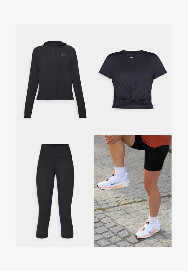 Svart hettegenser med lange ermer, laget av lett materiale. Har glidelås foran, Nike-logo og subtile design detaljer.; Svart trenings T-skjorte laget av glatt stoff, med en knyttet frontdesign og en liten hvit Nike-logo på brystet.; Sorte, cropped leggings laget av elastisk stoff, med høy midje og glatt tekstur, uten synlige mønstre eller detaljer.; Nike løpesko i hvitt med oransje og blå detaljer. Lettnetting øvre, teksturert såle, elastiske snøringer og en rund tådesign.