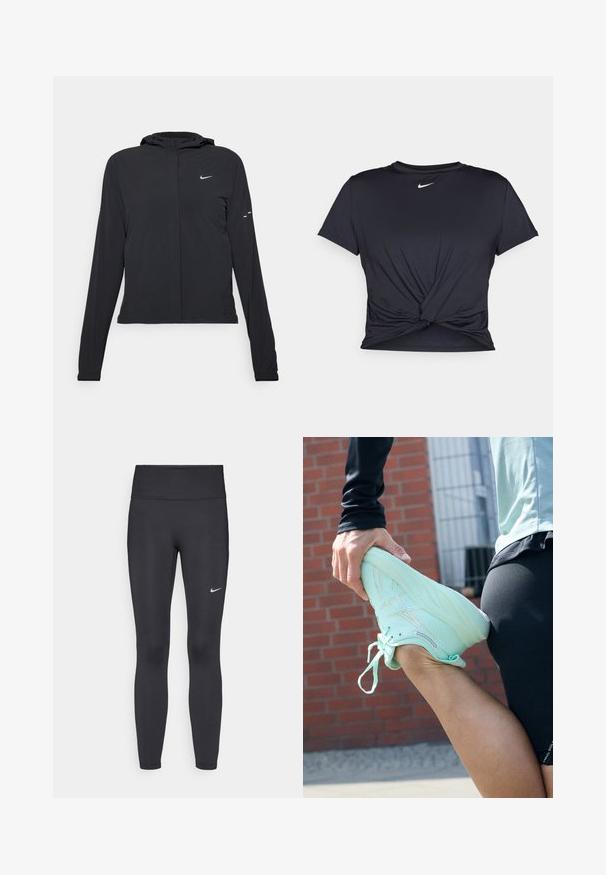 Black hooded jacket with long sleeves, made from lightweight material. Features a front zipper, a Nike logo, and subtle design accents.; Black athletic t-shirt made of smooth fabric, featuring a knotted front design and a small white Nike logo on the chest.; Black leggings made of stretchy fabric, featuring a high waistband and a white Nike logo on the left thigh. Smooth texture, form-fitting design.; ASICS GEL-NIMBUS 26 - Road running shoes - mint tint/pale mint