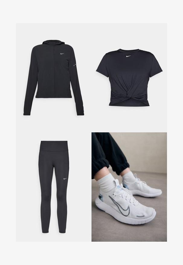 Black hooded jacket with long sleeves, made from lightweight material. Features a front zipper, a Nike logo, and subtle design accents.; Black athletic t-shirt made of smooth fabric, featuring a knotted front design and a small white Nike logo on the chest.; Black leggings made of stretchy fabric, featuring a high waistband and a white Nike logo on the left thigh. Smooth texture, form-fitting design.; White Nike sneakers with a textured knit upper, blue accents, and a prominent black swoosh. Lightweight sole with a flex groove design.