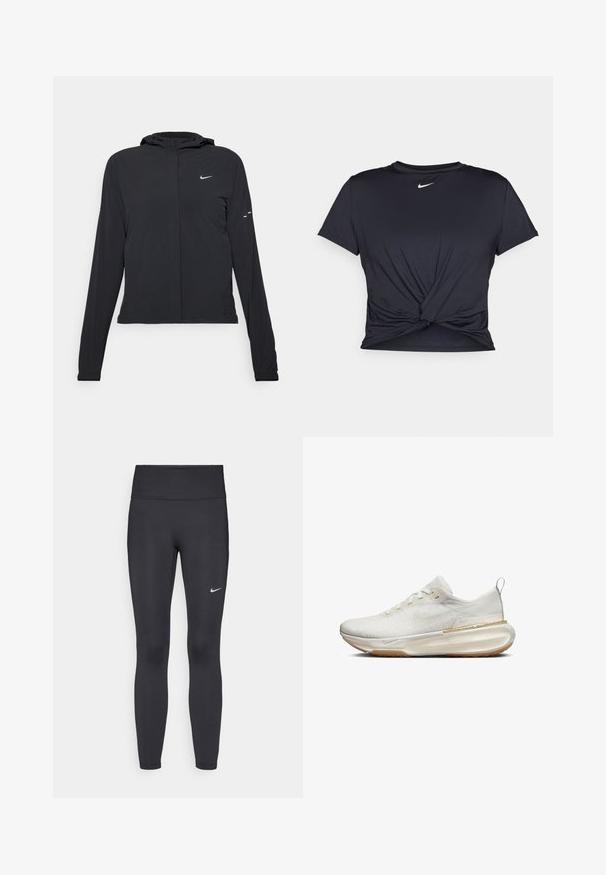 Mustassa hupparissa on pitkät hihat, ja se on valmistettu kevyestä materiaalista. Siinä on edessä vetoketju, Nike-logo ja hillityt muotoiluyksityiskohdat.; Musta urheilu T-paita, joka on valmistettu sileästä kankaasta, jossa on solmittu etuosa ja pieni valkoinen Nike-logo rinnassa.; Mustat leggingsit joustavasta kankaasta, joissa on korkea vyötärö ja valkoinen Nike-logo vasemmassa reidessä. Sileä pinta, muotoaan myötäilevä suunnittelu.; Valkoinen urheilukenkä, jossa on teksturoitu päällinen, pyöreä nenä ja pehmustettu pohja. Varustettu kultaisella yksityiskohdalla ja kantapään vetolenkkillä.