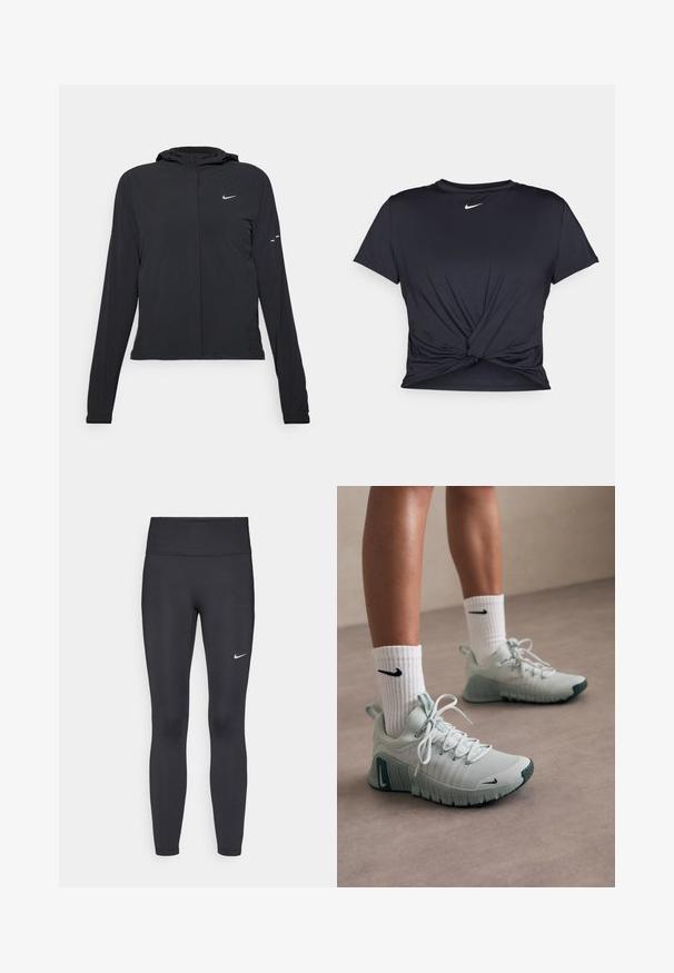 Svart hettegenser med lange ermer, laget av lett materiale. Har glidelås foran, Nike-logo og subtile design detaljer.; Svart trenings T-skjorte laget av glatt stoff, med en knyttet frontdesign og en liten hvit Nike-logo på brystet.; Sorte leggings laget av elastisk stoff, med høy livlinje og en hvit Nike-logo på venstre lår. Glatt tekstur, kroppsnær passform.; Lys grå sportssko med teksturert stoff, hvite snører og en grønn såle. Kombinert med hvite ribbestrikkede sokker med en svart logo.