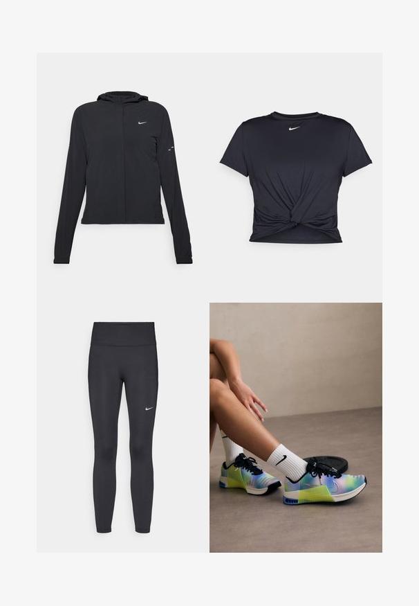 Must musta kapuutsiga jakk, millel on pikad varrukad ja mis on valmistatud kergetest materjalidest. Omab esitaskut, Nike logo ja kergelt silmatorkavaid disainiaktsente.; Mustmust musta sportlik T-särk, mis on valmistatud sujuvast kangast, millel on sõlmega esikülg ja väike valge Nike logo rinnal.; Mustad mustadest leggingid, mis on valmistatud venivast kangast, kõrge vöökoha ja valge Nike logo abil vasakul reiel. Sile tekstuur, keha järgiv disain.; Mitmevärvilised spordijalatsid, millel on sinist roheliseks muutuva gradientdisain, mustad paelad ja silmatorkav Nike logo.