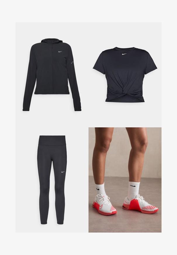 Sort hættetrøje med lange ærmer, lavet af letvægtsmateriale. Har en frontlynlås, et Nike-logo og subtile designaccenter.; Sort atletisk t-shirt lavet af glat stof, med et knyttet frontdesign og et lille hvidt Nike-logo på brystet.; Sorte leggings lavet af strækbart stof, med en høj talje og et hvidt Nike-logo på venstre lår. Glat tekstur, tætsiddende design.; Hvide sportssko med røde accenter, udstyret med en tekstureret mesh-overdel, gummisål og hvide ribbede sokker med et sort logo.