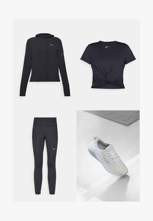 Jachetă neagră cu glugă, cu mâneci lungi, fabricată din material ușor. Dispune de un fermoar frontal, un logo Nike și accente de design subtile.; Tricou sport negru din material neted, cu un design frontal legat și un mic logo Nike alb pe piept.; Leggings negre dintr-un material elastic, având talie înaltă și un logo alb Nike pe coapsa stângă. Textură netedă, design care se conturează pe corp.; Adidas sportiv de culoare gri deschis, cu un capacaj din plasă, model circular, accente albe, șireturi plate și o talpă texturată pentru aderență.