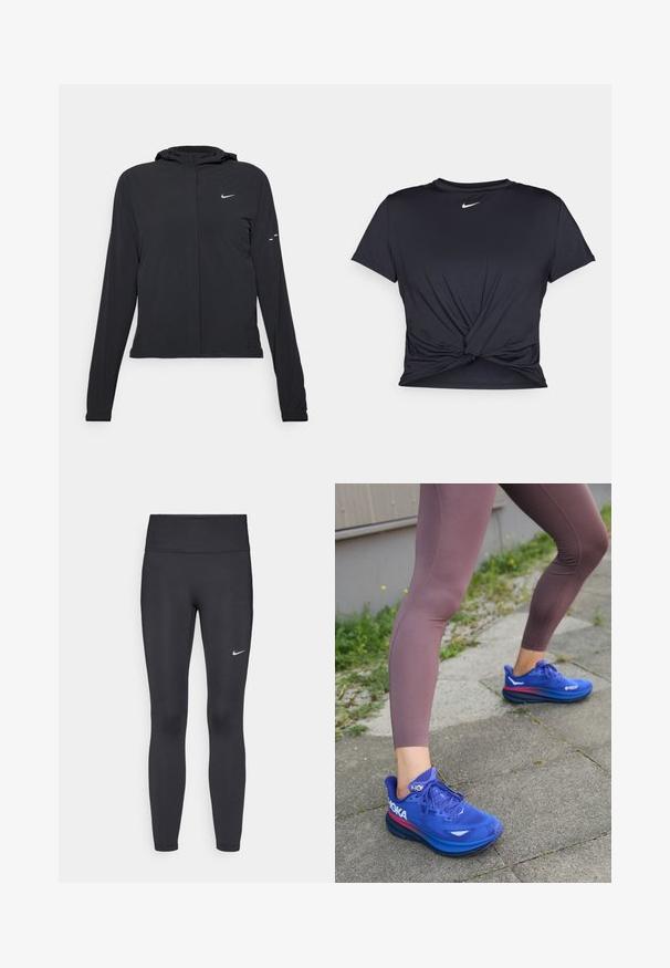 Casaco preto com capuz e mangas longas, feito de material leve. Apresenta um fecho dourado na frente, um logótipo da Nike e detalhes de design subtis.; T-shirt atlético preto feito de tecido liso, apresentando um design frontal com nó e um pequeno logótipo branco da Nike no peito.; Leggings pretos feitos de tecido elástico, com uma cintura alta e um logo branco da Nike na coxa esquerda. Textura suave, design ajustado ao corpo.; HOKA CLIFTON 9 GTX - Sapatos para corrida em estrada - dazzling blue evening sky