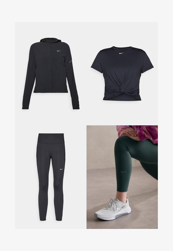 Casaco preto com capuz e mangas longas, feito de material leve. Apresenta um fecho dourado na frente, um logótipo da Nike e detalhes de design subtis.; T-shirt atlético preto feito de tecido liso, apresentando um design frontal com nó e um pequeno logótipo branco da Nike no peito.; Leggings pretos feitos de tecido elástico, com uma cintura alta e um logo branco da Nike na coxa esquerda. Textura suave, design ajustado ao corpo.; Ténis de corrida Nike em cinza claro com um upper texturizado, detalhes em cinza e uma sola branca, combinados com leggings verde escuras com um logo.