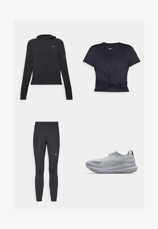 Svart hettegenser med lange ermer, laget av lett materiale. Har glidelås foran, Nike-logo og subtile design detaljer.; Svart trenings T-skjorte laget av glatt stoff, med en knyttet frontdesign og en liten hvit Nike-logo på brystet.; Sorte leggings laget av elastisk stoff, med høy livlinje og en hvit Nike-logo på venstre lår. Glatt tekstur, kroppsnær passform.; Lys grå løpersko med mesh-overdel, fremtredende dempesåle og reflekterende detaljer. Snøring er sentrert på tungen.