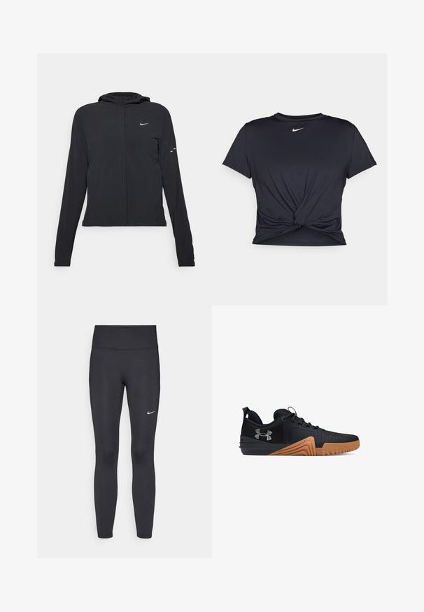 Casaco preto com capuz e mangas longas, feito de material leve. Apresenta um fecho dourado na frente, um logótipo da Nike e detalhes de design subtis.; T-shirt atlético preto feito de tecido liso, apresentando um design frontal com nó e um pequeno logótipo branco da Nike no peito.; Leggings pretos feitos de tecido elástico, com uma cintura alta e um logo branco da Nike na coxa esquerda. Textura suave, design ajustado ao corpo.; Ténis atléticos pretos com um material texturizado, sola de borracha em tons de castanho com padrões de aderência e um logótipo em contraste de lado.