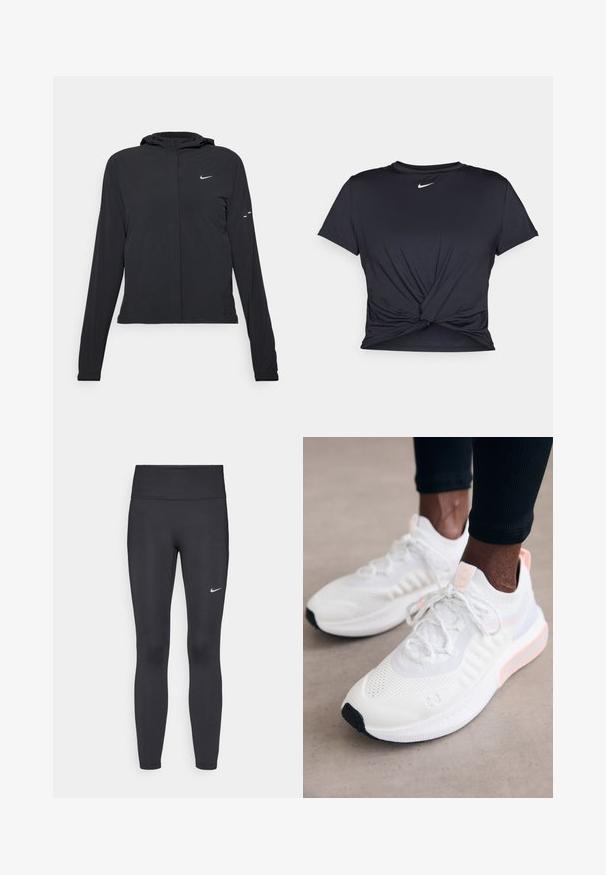 Czarna kurtka z kapturem, z długimi rękawami, wykonana z lekkiego materiału. Posiada zamek błyskawiczny z przodu, logo Nike oraz subtelne akcenty wzornicze.; Czarna sportowa koszulka z gładkiego materiału, z wiązanym przodem i małym białym logo Nike na piersi.; Czarne legginsy z elastycznego materiału, z wysokim pasem i białym logo Nike na lewym udzie. Gładka tekstura, dopasowany krój.; Under Armour PHANTOM biały