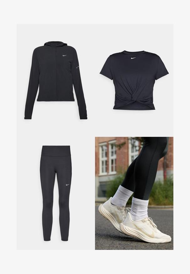Casaco preto com capuz e mangas longas, feito de material leve. Apresenta um fecho dourado na frente, um logótipo da Nike e detalhes de design subtis.; T-shirt atlético preto feito de tecido liso, apresentando um design frontal com nó e um pequeno logótipo branco da Nike no peito.; Leggings pretos feitos de tecido elástico, com uma cintura alta e um logo branco da Nike na coxa esquerda. Textura suave, design ajustado ao corpo.; Tênis de corrida Nike em malha bege claro com um acabamento texturizado, projetados com cadarços brancos e uma sola curva, combinados com meias brancas até ao tornozelo.