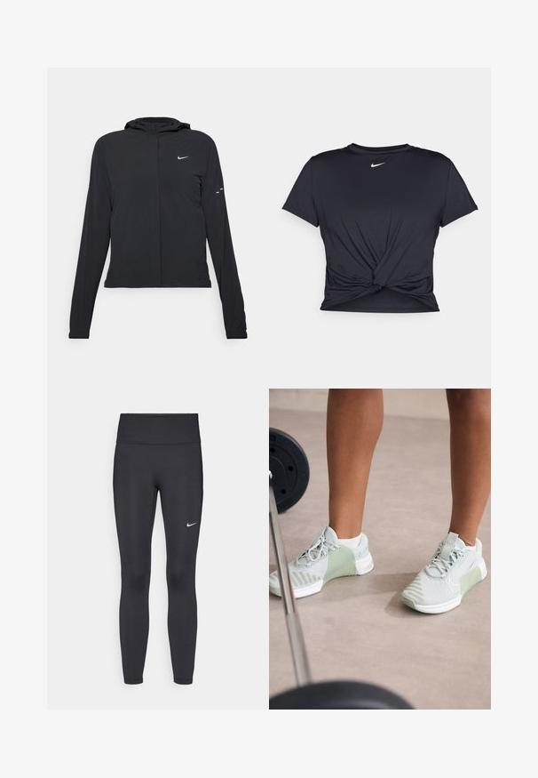 Giacca nera con cappuccio e maniche lunghe, realizzata in materiale leggero. Presenta una zip frontale, il logo Nike e accenti di design sottili.; Maglietta atletica nera realizzata in tessuto liscio, con un design anteriore annodato e un piccolo logo Nike bianco sul petto.; Leggings neri realizzati in tessuto elasticizzato, con una vita alta e un logo Nike bianco sulla coscia sinistra. Tessuto liscio, design aderente.; Nike Performance METCON 9 - Scarpe da allenamento - light silver/metallic silver/summit white/jade horizon