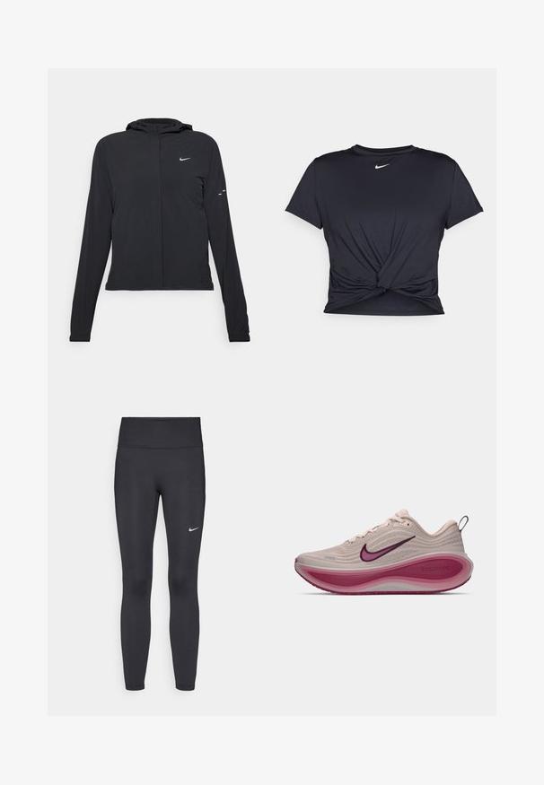 Czarna kurtka z kapturem, z długimi rękawami, wykonana z lekkiego materiału. Posiada zamek błyskawiczny z przodu, logo Nike oraz subtelne akcenty wzornicze.; Czarna sportowa koszulka z gładkiego materiału, z wiązanym przodem i małym białym logo Nike na piersi.; Czarne legginsy z elastycznego materiału, z wysokim pasem i białym logo Nike na lewym udzie. Gładka tekstura, dopasowany krój.; Buty biegowe Nike ZoomX w jasnym beżu z fakturowaną cholewką, zaokrągloną różową podeszwą środkową i fioletowymi akcentami na logo oraz podeszwie zewnętrznej.