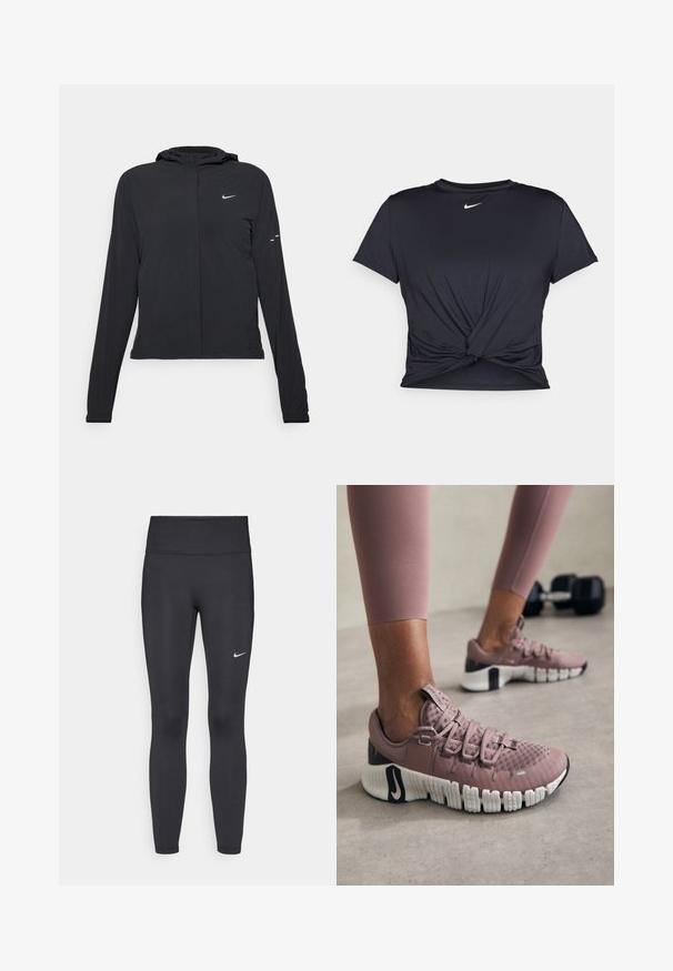 Schwarze Kapuzenjacke mit langen Ärmeln, aus leichtem Material gefertigt. Sie hat einen vorderen Reißverschluss, ein Nike-Logo und dezente Designelemente.; Schwarzes Sport-T-Shirt aus glattem Stoff, mit einem geknoteten Vorderdesign und einem kleinen weißen Nike-Logo auf der Brust.; Schwarze Leggings aus elastischem Stoff, mit einem hohen Bund und einem weißen Nike-Logo auf dem linken Oberschenkel. Glatte Textur, figurbetontes Design.; Eine Person in mauvefarbenen Sport Schuhen und passenden Leggings steht auf dem Gymboden mit einer Hantel im Hintergrund.