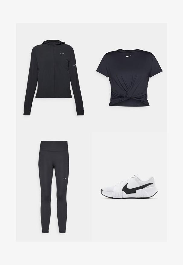 Čierna kapucňová bunda s dlhou rukávou, vyrobená z ľahkého materiálu. Má predný zips, logo Nike a jemné dizajnové akcenty.; Čierne atletické tričko vyrobené z hladkej tkaniny, so zaväzovaným predným dizajnom a malým bielym logom Nike na hrudi.; Čierne legíny z elastického materiálu, s vysokým pásom a bielym logom Nike na ľavom stehne. Hladká textúra, priliehavý dizajn.; Biele športové topánky s čiernymi akcentmi, s textúrovaným sieťovaným vrchom, polstrovaným golierom a gumovou podrážkou so vzorom v tvare cik-cak.