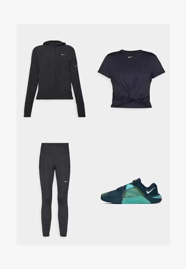 Svart hettegenser med lange ermer, laget av lett materiale. Har glidelås foran, Nike-logo og subtile design detaljer.; Svart trenings T-skjorte laget av glatt stoff, med en knyttet frontdesign og en liten hvit Nike-logo på brystet.; Sorte leggings laget av elastisk stoff, med høy livlinje og en hvit Nike-logo på venstre lår. Glatt tekstur, kroppsnær passform.; Marineblå og aqua atletikk-sko med en teksturert mesh-overdel, med et grønt gradientmønster og en dempet såle. Nike swoosh-logo på hælen.