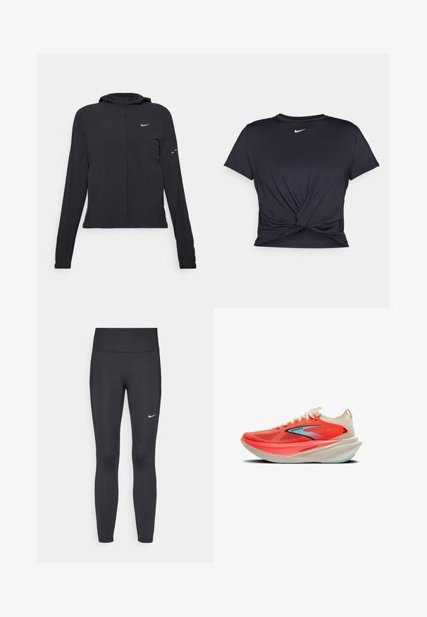 Giacca nera con cappuccio e maniche lunghe, realizzata in materiale leggero. Presenta una zip frontale, il logo Nike e accenti di design sottili.; Maglietta atletica nera realizzata in tessuto liscio, con un design anteriore annodato e un piccolo logo Nike bianco sul petto.; Leggings neri realizzati in tessuto elasticizzato, con una vita alta e un logo Nike bianco sulla coscia sinistra. Tessuto liscio, design aderente.; Scarpa da corsa Brooks Hyperion Max in un vivace corallo e crema, con tomaia in mesh traspirante, ampia intersuola e accenti di suola azzurra leggera.
